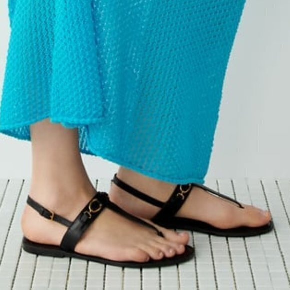 NEW ZARA FLAT LEATHER SANDAL WITH BUCKLE BLACK WOMENS‎ SIZE 8 METAL BUCKLE - Picture 3 of 7